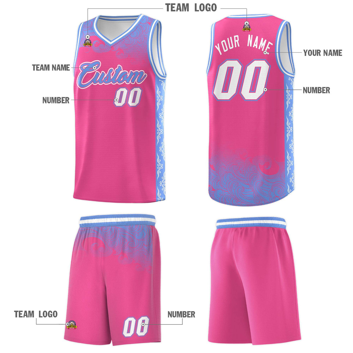 Custom Pink Personalized Cloud Pattern Sports Kits Uniform Basketball Jersey|KXKSHOP