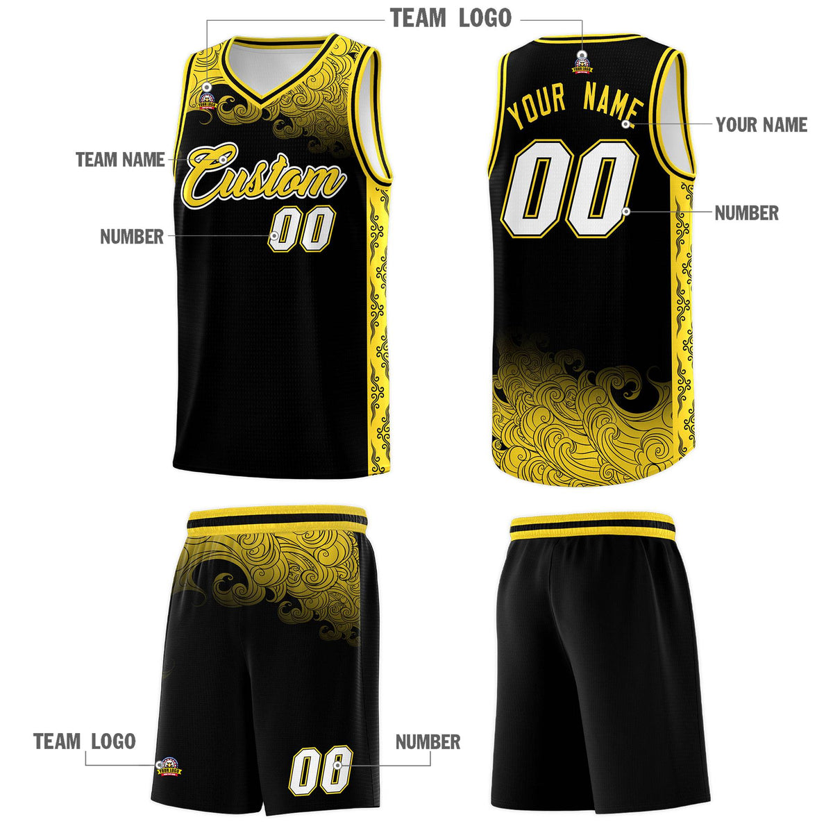 Custom Black Personalized Cloud Pattern Sports Kits Uniform Basketball Jersey|KXKSHOP