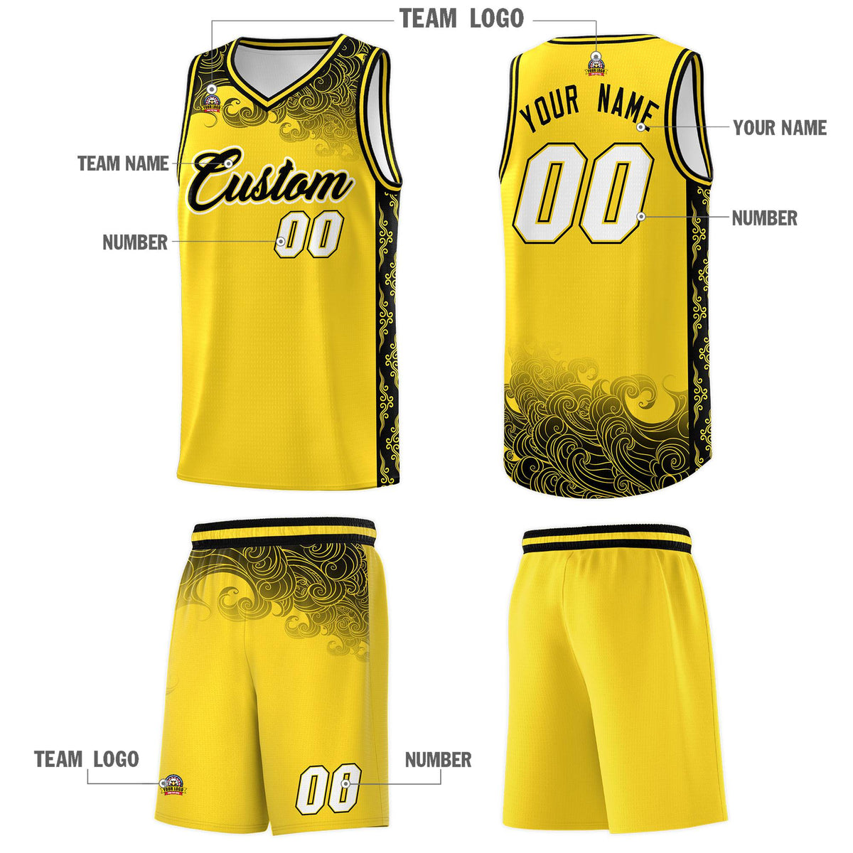Custom Gold Personalized Cloud Pattern Sports Kits Uniform Basketball Jersey|KXKSHOP