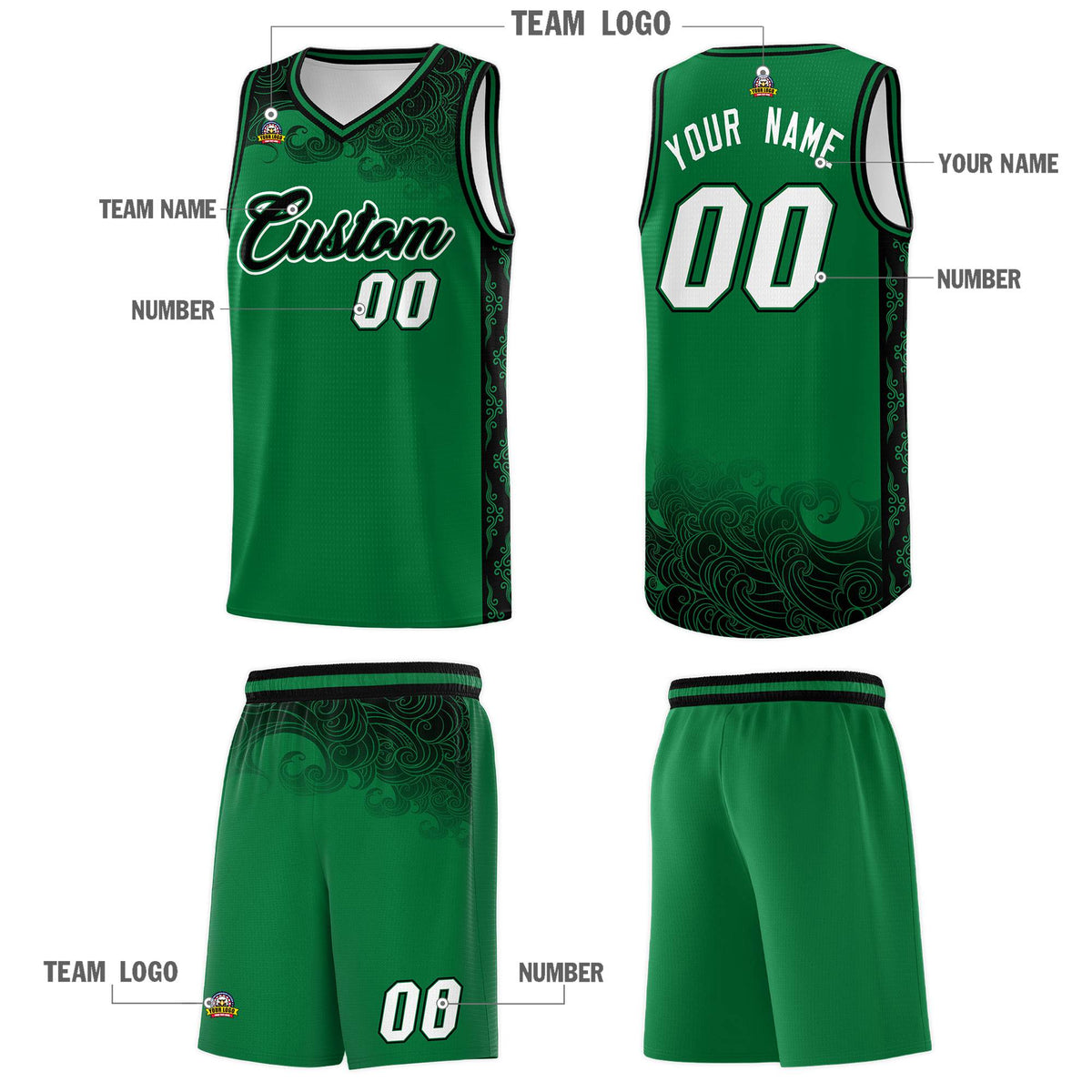 Custom Kelly Green Personalized Cloud Pattern Sports Kits Uniform Basketball Jersey|KXKSHOP