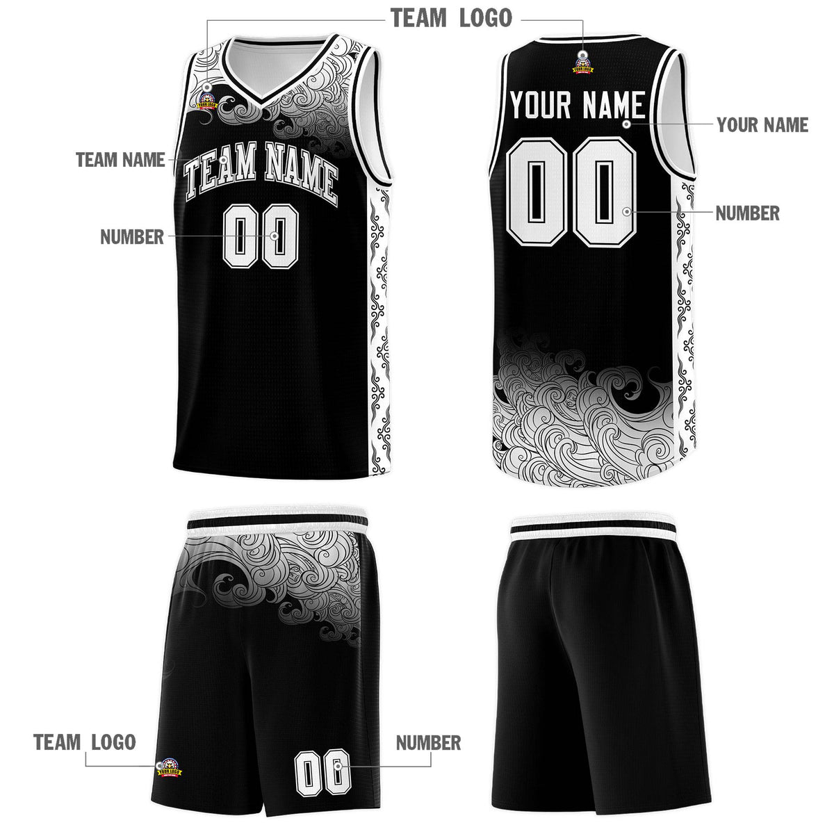 Custom Black Personalized Cloud Pattern Sports Kits Uniform Basketball Jersey|KXKSHOP