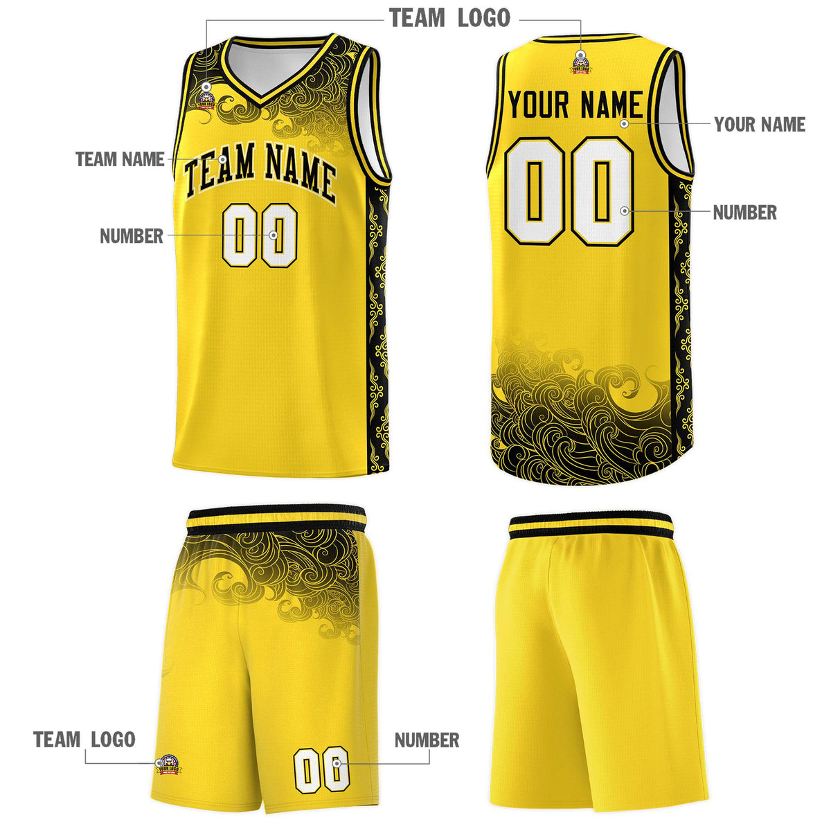 Custom Gold Personalized Cloud Pattern Sports Kits Uniform Basketball Jersey|KXKSHOP