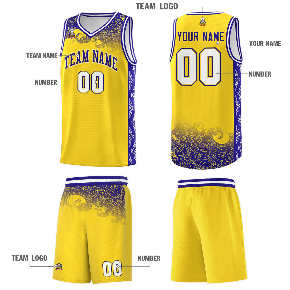 Custom Gold Personalized Cloud Pattern Sports Kits Uniform Basketball Jersey|KXKSHOP