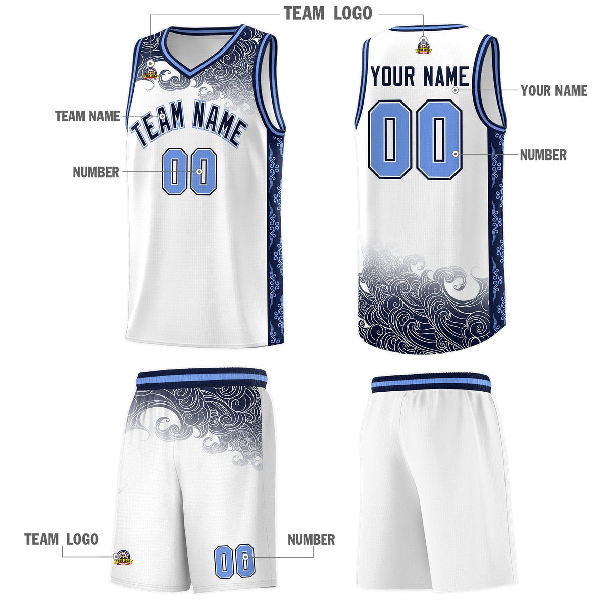 Custom White Personalized Cloud Pattern Sports Kits Uniform Basketball Jersey|KXKSHOP
