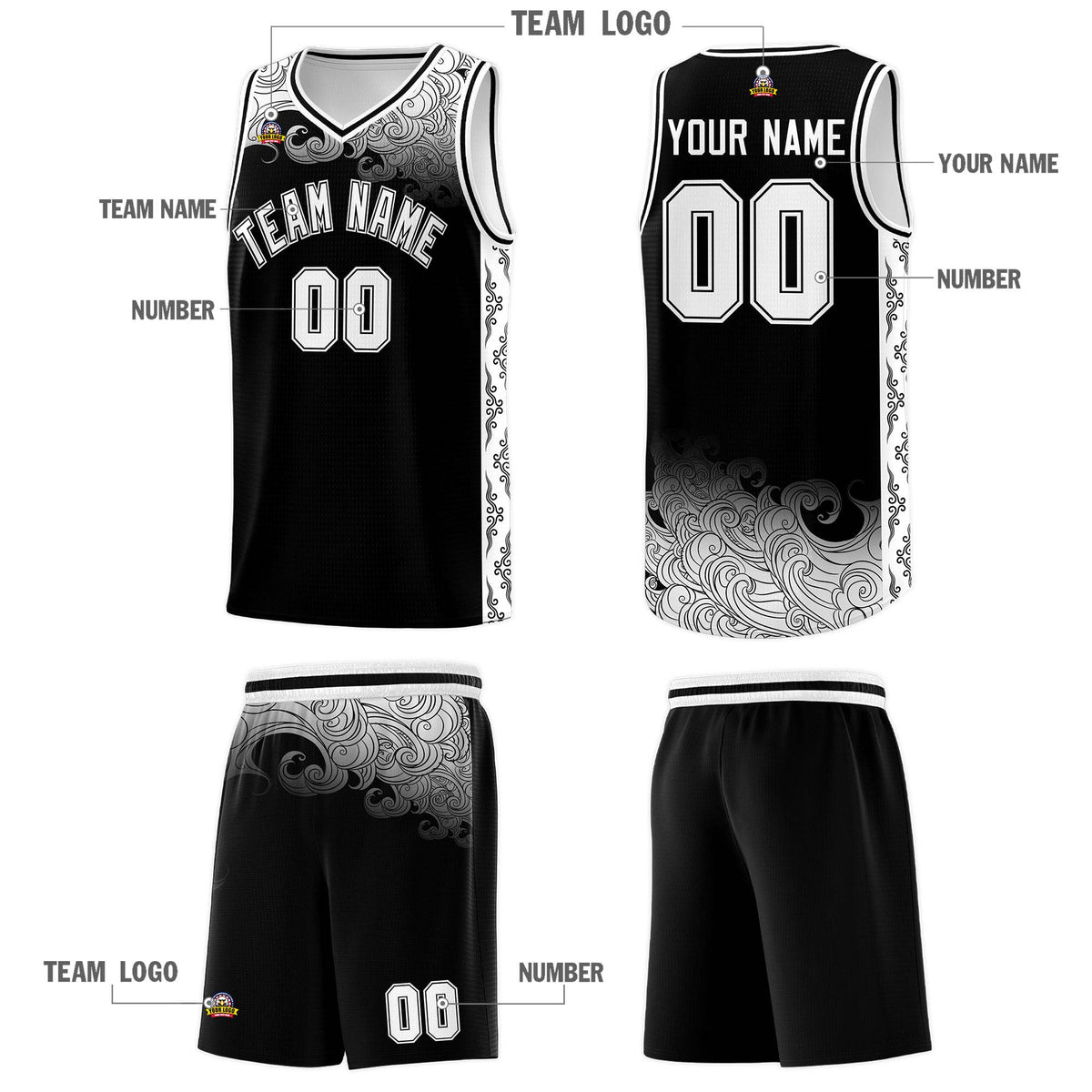 Custom Black Personalized Cloud Pattern Sports Kits Uniform Basketball Jersey|KXKSHOP
