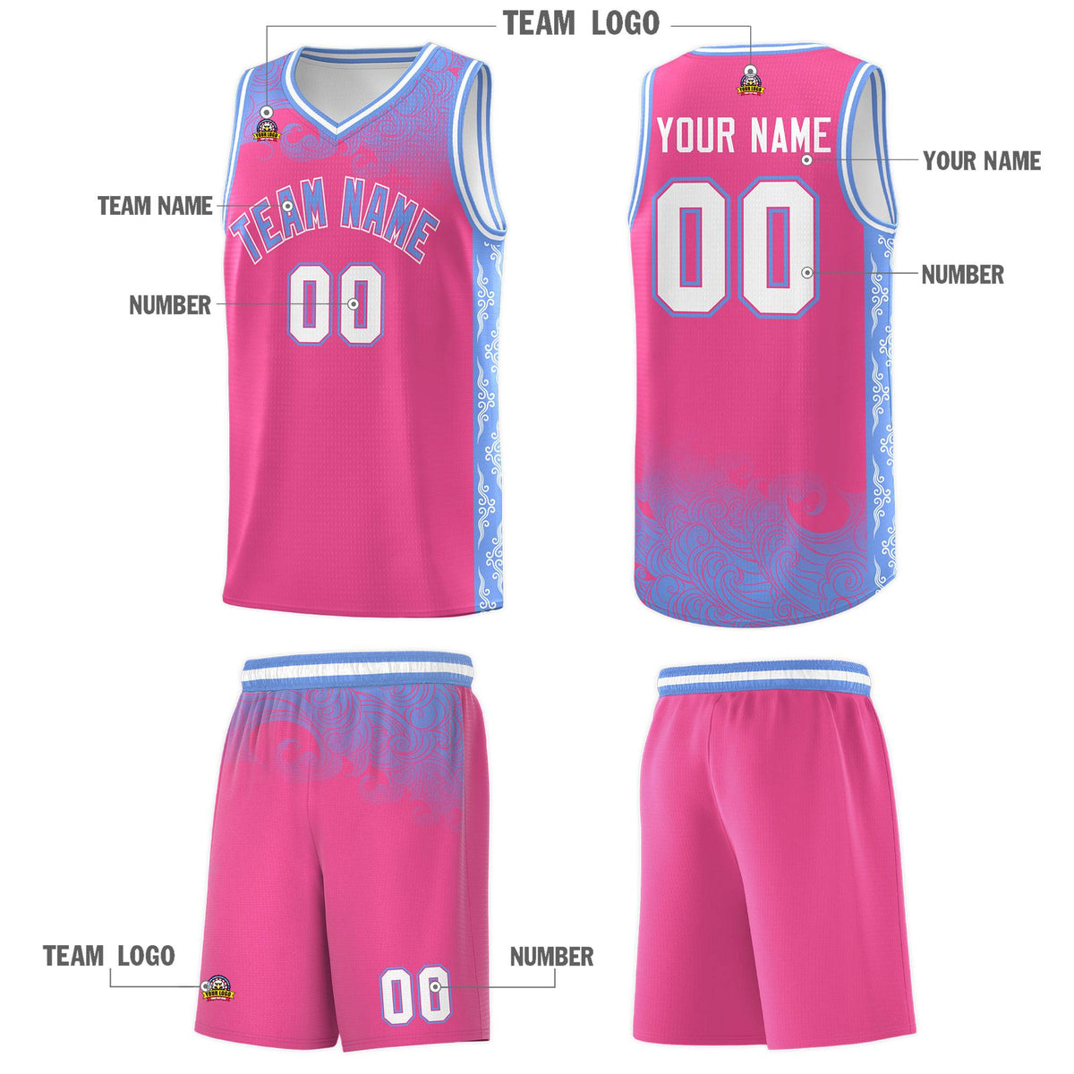Custom Pink Personalized Cloud Pattern Sports Kits Uniform Basketball Jersey|KXKSHOP