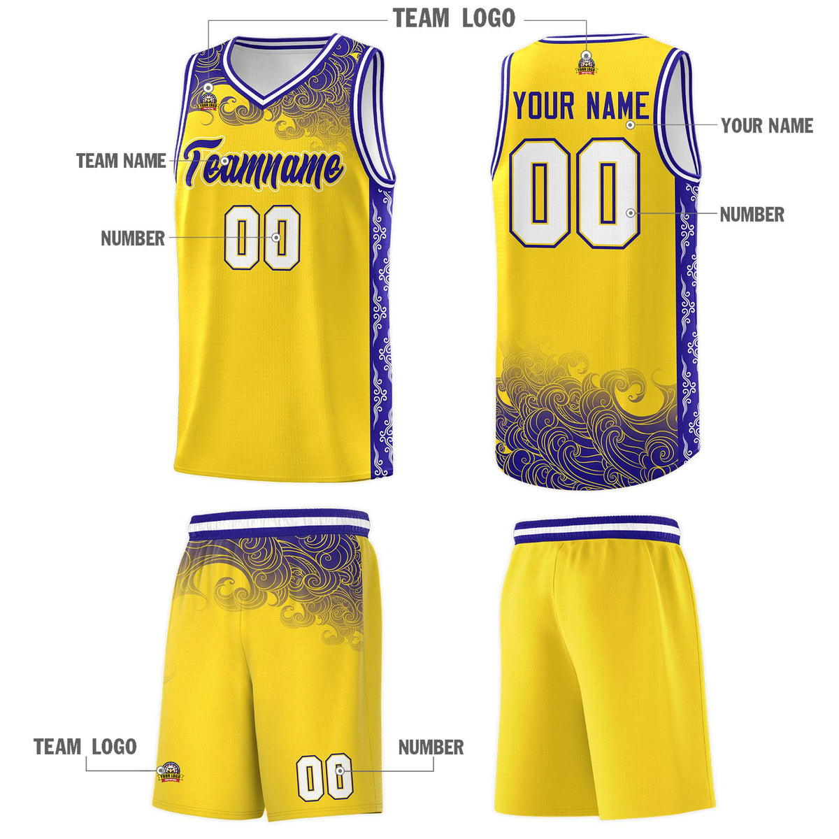 Custom Gold Personalized Cloud Pattern Sports Kits Uniform Basketball Jersey|KXKSHOP