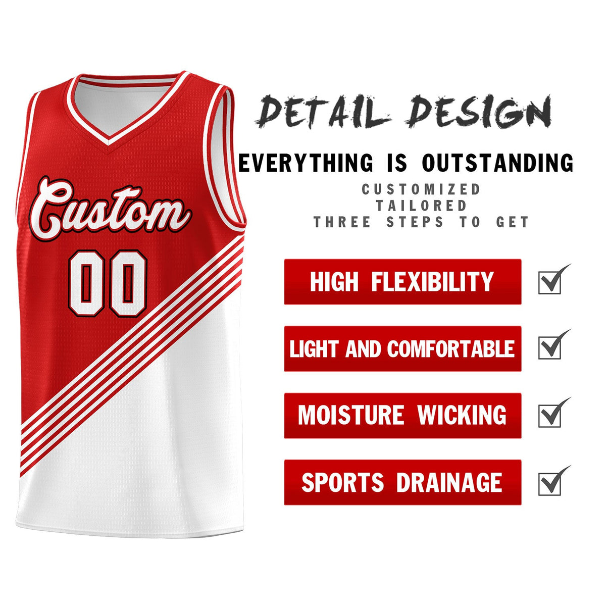 Custom Red White Diagonal Stripes Color Block Sets Basketball Jersey | For Men,For Youth,Sublimation Printed,Perfect for Training,Perfect for Teams | KXKSHOP