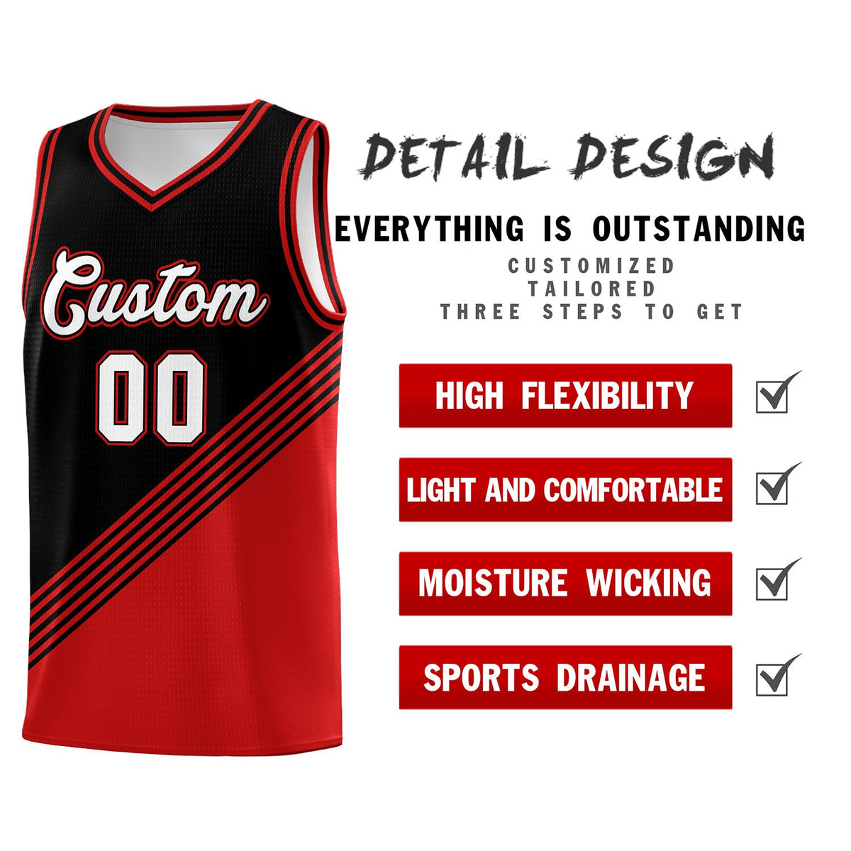 Custom Black Red Diagonal Stripes Color Block Sets Basketball Jersey | For Men,For Youth,Sublimation Printed,Perfect for Training,Perfect for Teams | KXKSHOP