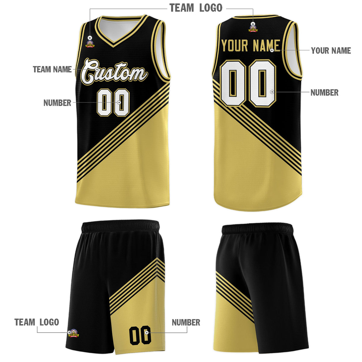 Custom Black Old Gold Diagonal Stripes Color Block Sets Basketball Jersey | For Men,For Youth,Sublimation Printed,Perfect for Training,Perfect for Teams | KXKSHOP