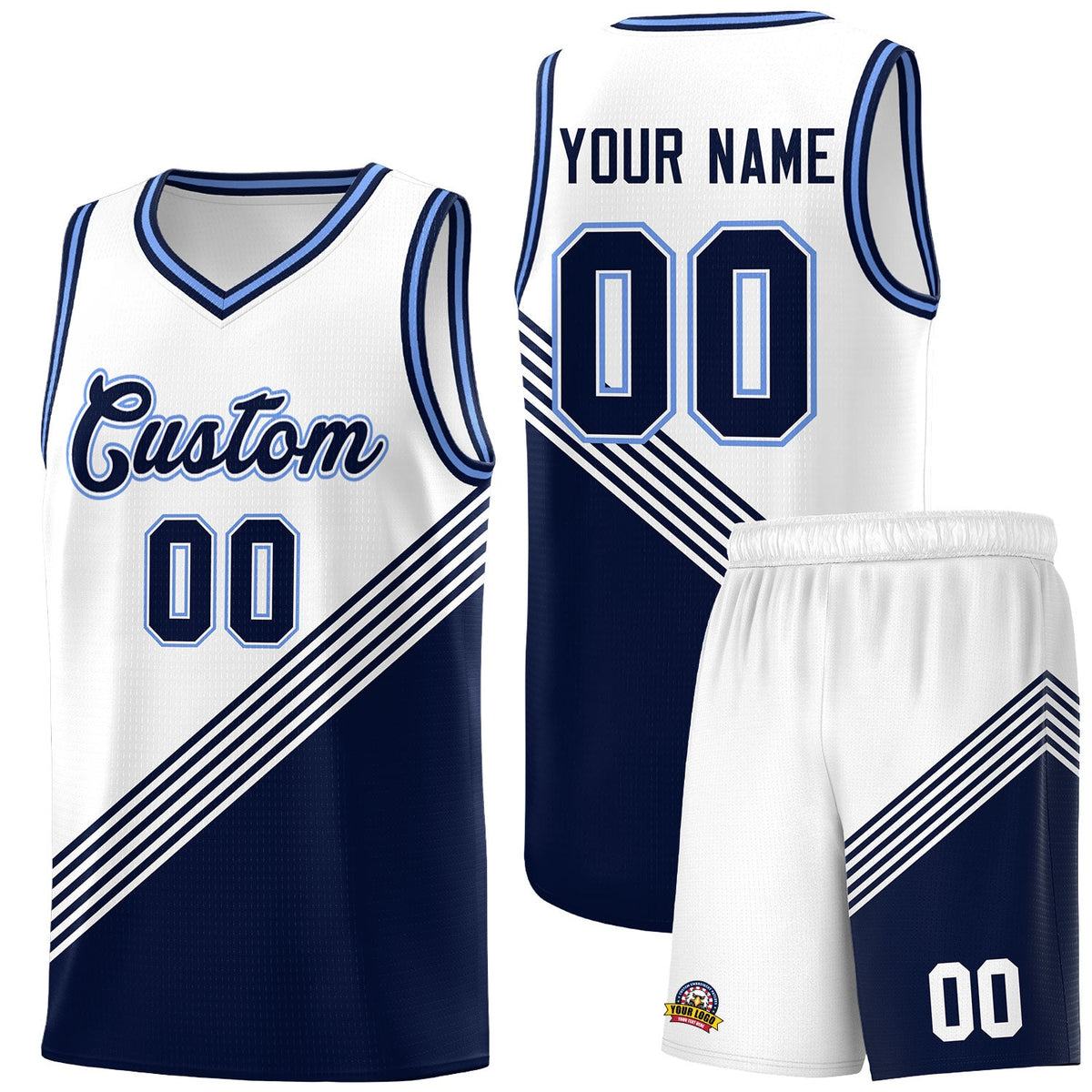 Custom White Navy Light Blue Diagonal Stripes Color Block Sets Basketball Jersey | For Men,For Youth,Sublimation Printed,Perfect for Training,Perfect for Teams | KXKSHOP