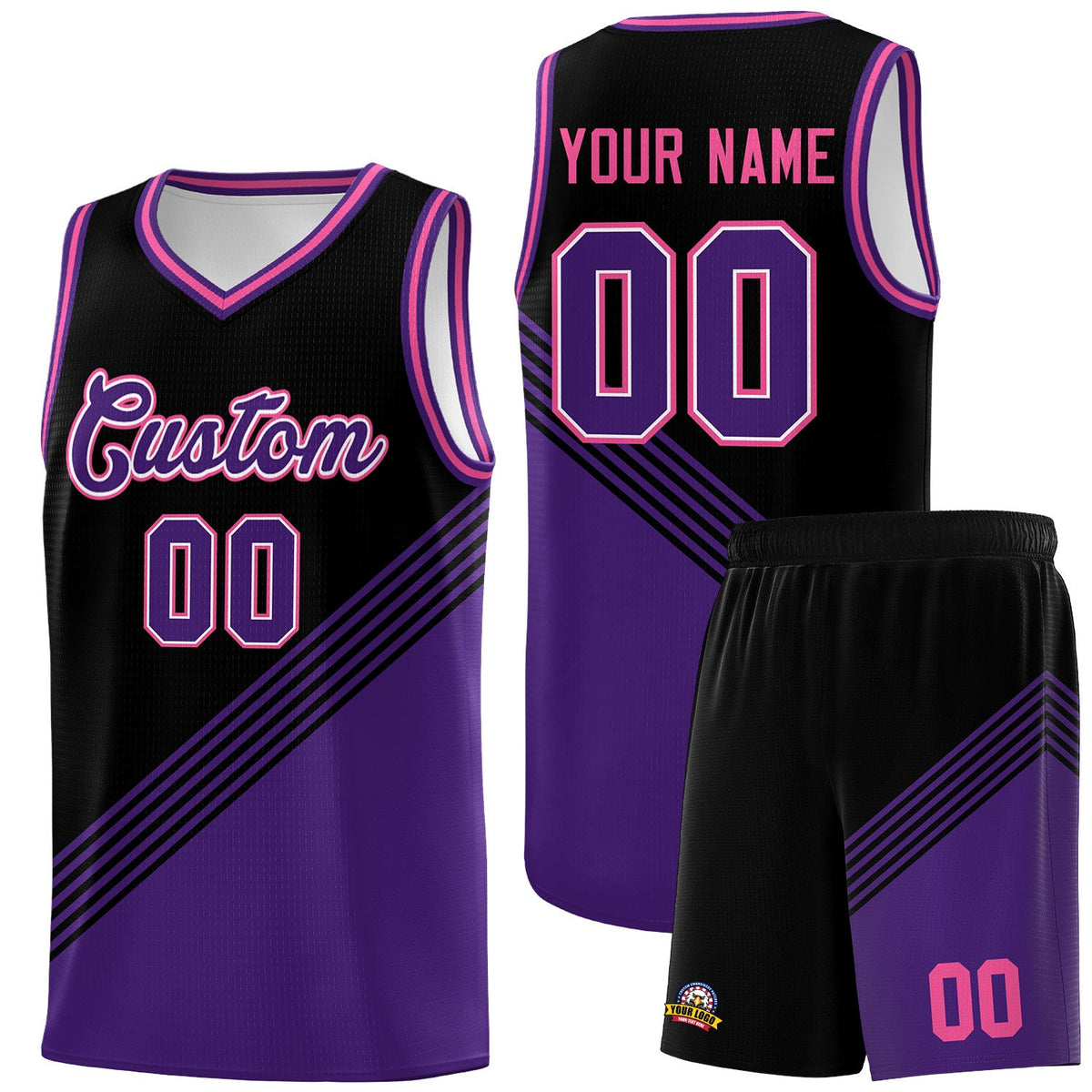 Custom Black Purple Pink Diagonal Stripes Color Block Sets Basketball Jersey | For Men,For Youth,Sublimation Printed,Perfect for Training,Perfect for Teams | KXKSHOP