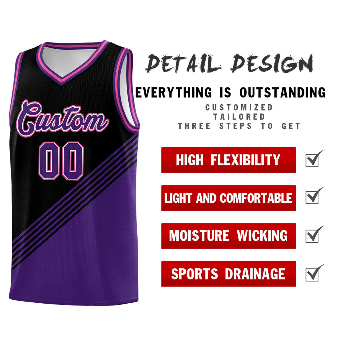 Custom Black Purple Pink Diagonal Stripes Color Block Sets Basketball Jersey | For Men,For Youth,Sublimation Printed,Perfect for Training,Perfect for Teams | KXKSHOP