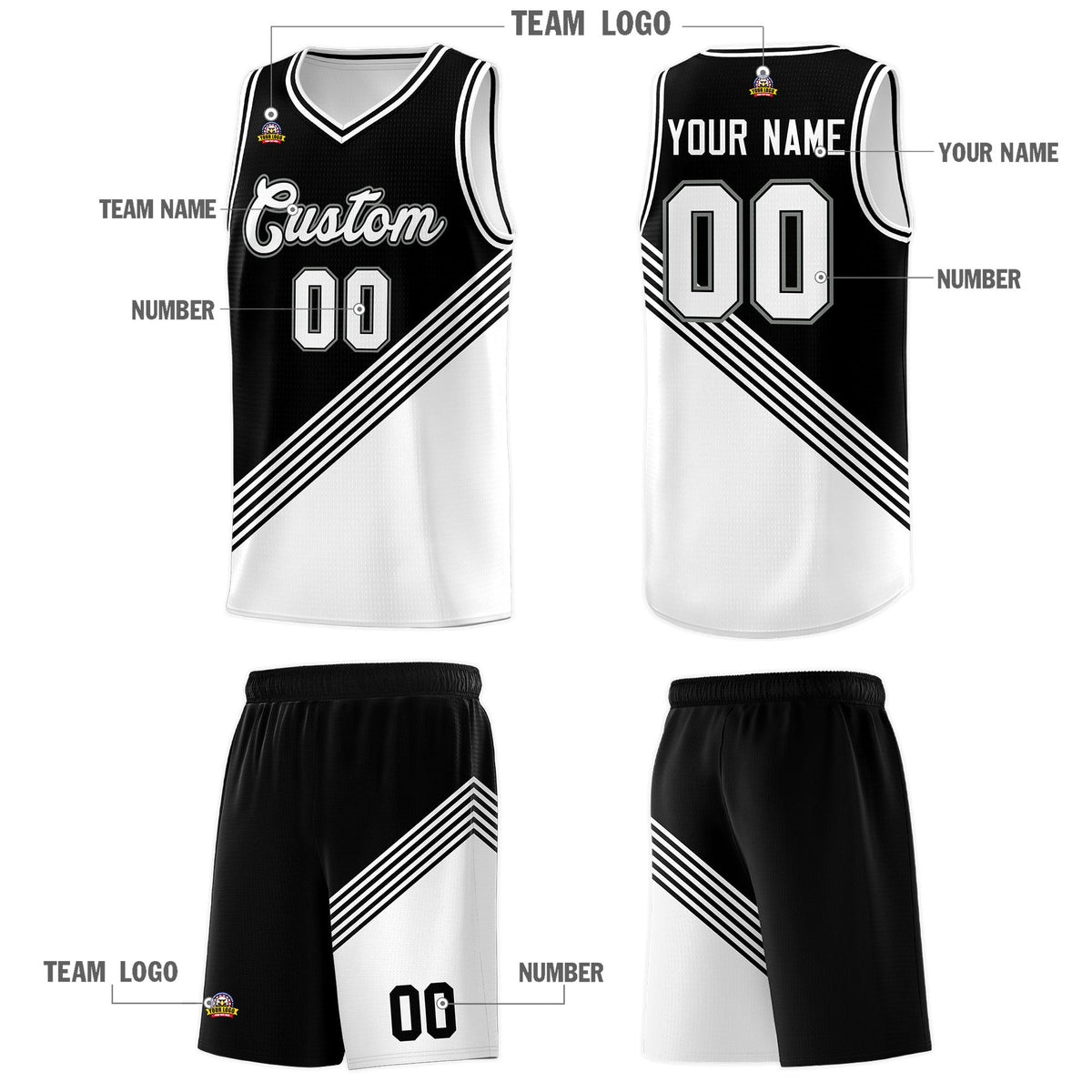 Custom Black White Diagonal Stripes Color Block Sets Basketball Jersey | For Men,For Youth,Sublimation Printed,Perfect for Training,Perfect for Teams | KXKSHOP