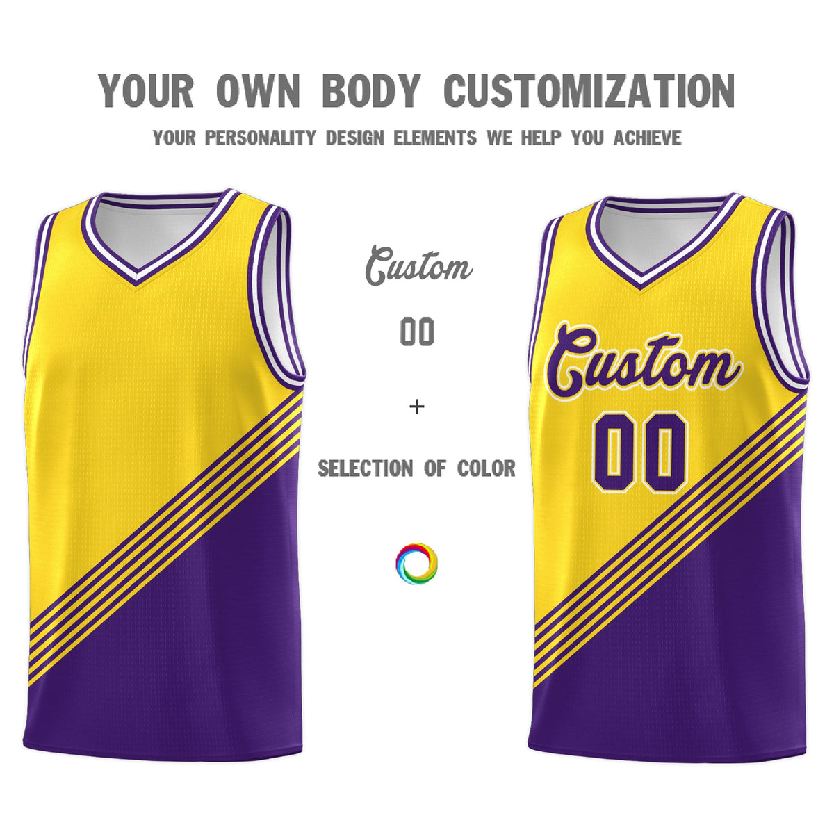 Custom Gold Purple White Diagonal Stripes Color Block Sets Basketball Jersey | For Men,For Youth,Sublimation Printed,Perfect for Training,Perfect for Teams | KXKSHOP