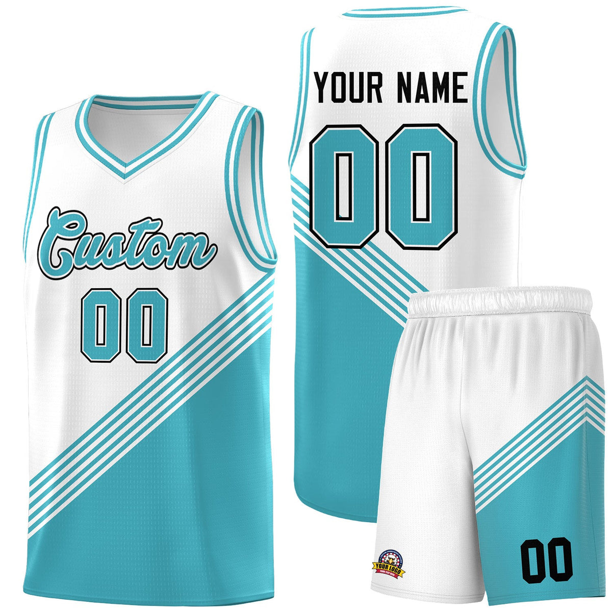 Custom White Sky Blue Diagonal Stripes Color Block Sets Basketball Jersey | For Men,For Youth,Sublimation Printed,Perfect for Training,Perfect for Teams | KXKSHOP