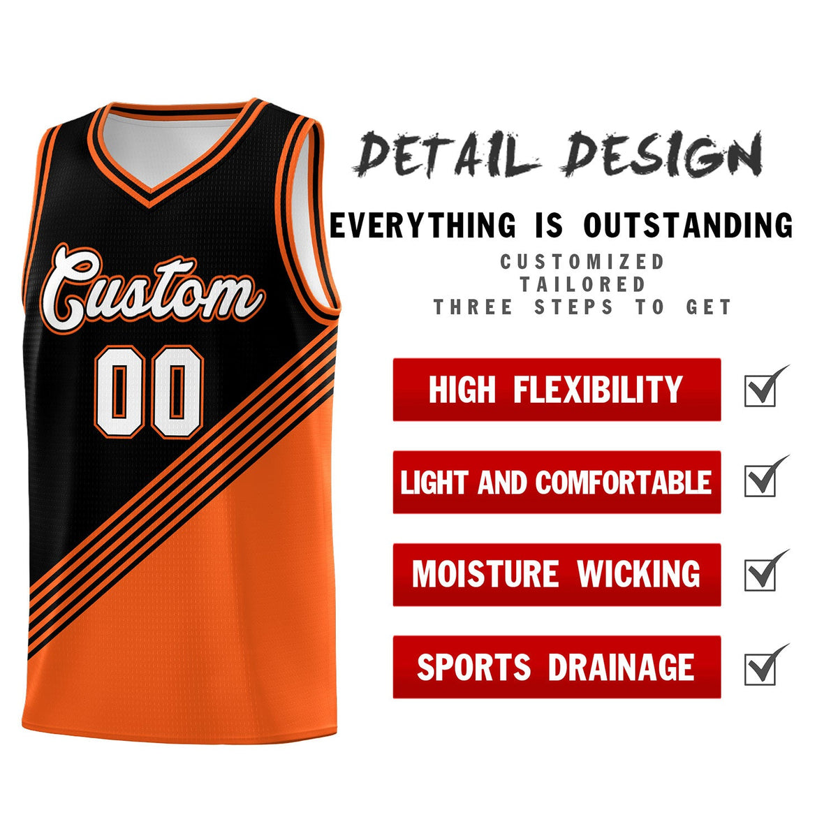 Custom Black Orange Diagonal Stripes Color Block Sets Basketball Jersey | For Men,For Youth,Sublimation Printed,Perfect for Training,Perfect for Teams | KXKSHOP