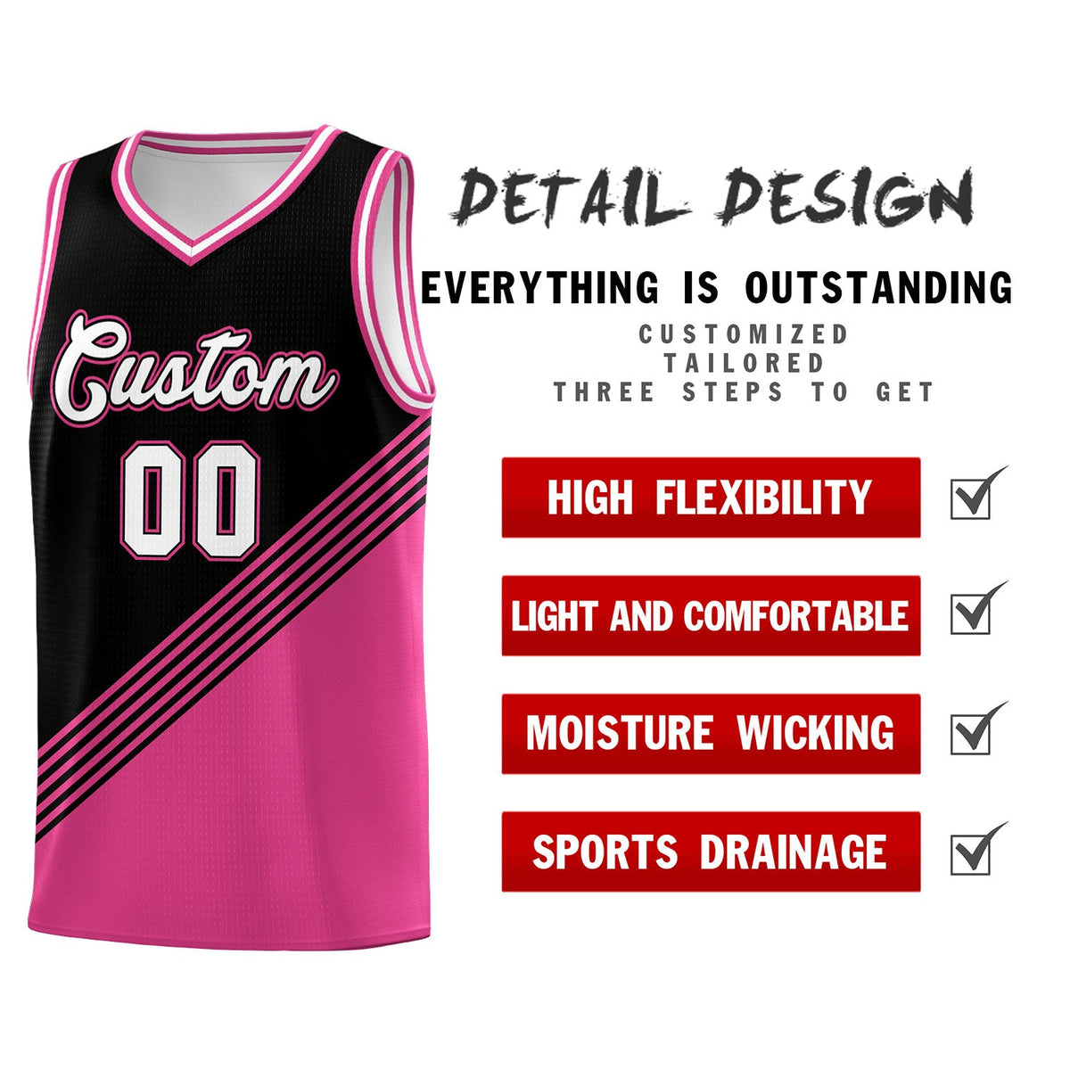 Custom Black Pink White Diagonal Stripes Color Block Sets Basketball Jersey | For Men,For Youth,Sublimation Printed,Perfect for Training,Perfect for Teams | KXKSHOP
