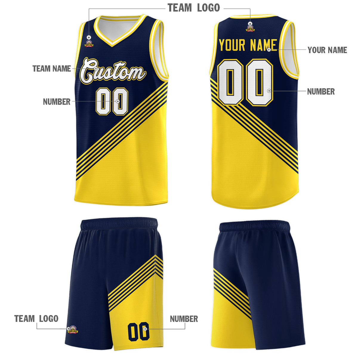 Custom Navy Gold White Diagonal Stripes Color Block Sets Basketball Jersey | For Men,For Youth,Sublimation Printed,Perfect for Training,Perfect for Teams | KXKSHOP