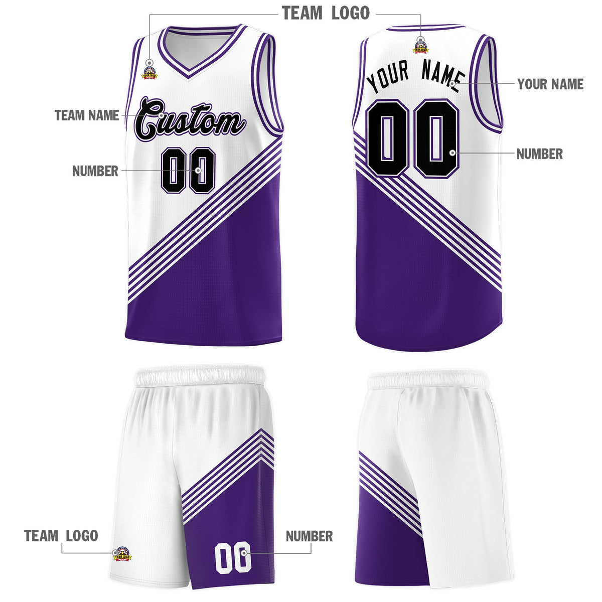 Custom White Purple Diagonal Stripes Color Block Sets Basketball Jersey | For Men,For Youth,Sublimation Printed,Perfect for Training,Perfect for Teams | KXKSHOP