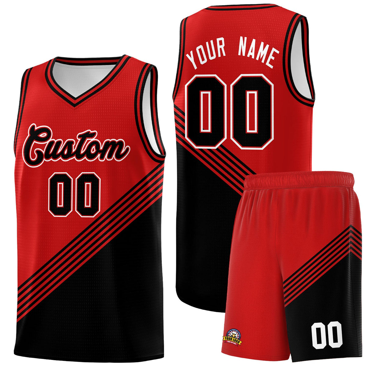 Custom Red Black Diagonal Stripes Color Block Sets Basketball Jersey | For Men,For Youth,Sublimation Printed,Perfect for Training,Perfect for Teams | KXKSHOP