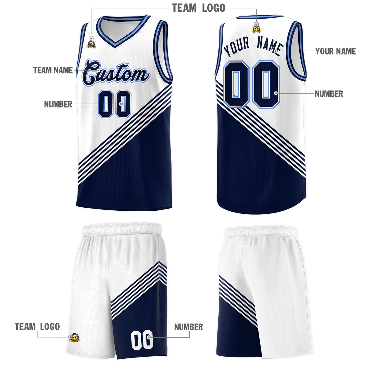 Custom White Navy Light Blue Diagonal Stripes Color Block Sets Basketball Jersey | For Men,For Youth,Sublimation Printed,Perfect for Training,Perfect for Teams | KXKSHOP