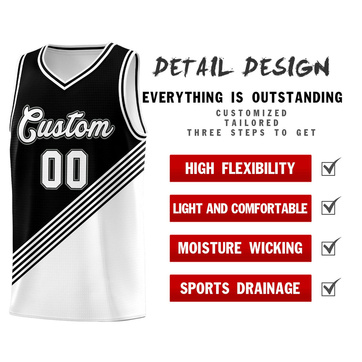 Custom Black White Diagonal Stripes Color Block Sets Basketball Jersey | For Men,For Youth,Sublimation Printed,Perfect for Training,Perfect for Teams | KXKSHOP