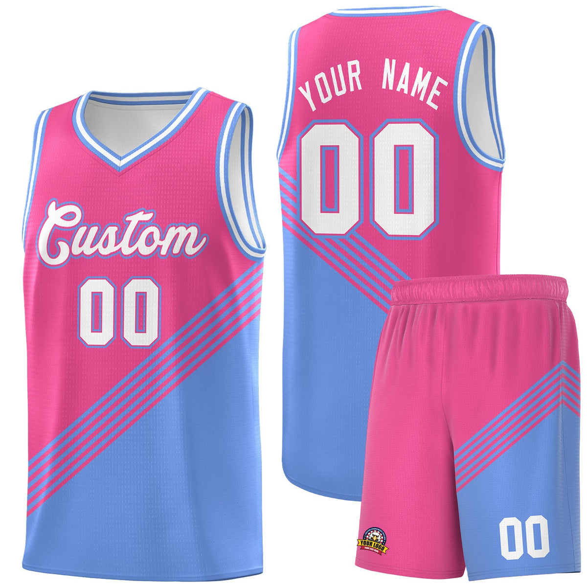Custom Pink Light Blue White Diagonal Stripes Color Block Sets Basketball Jersey | For Men,For Youth,Sublimation Printed,Perfect for Training,Perfect for Teams | KXKSHOP