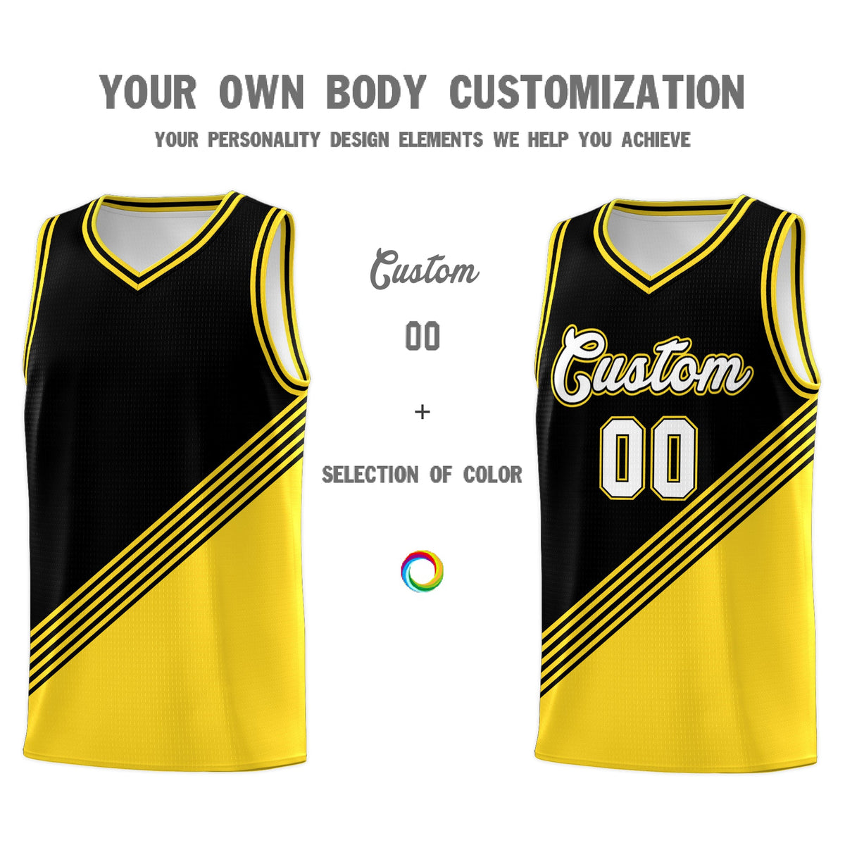 Custom Black Gold Diagonal Stripes Color Block Sets Basketball Jersey | For Men,For Youth,Sublimation Printed,Perfect for Training,Perfect for Teams | KXKSHOP
