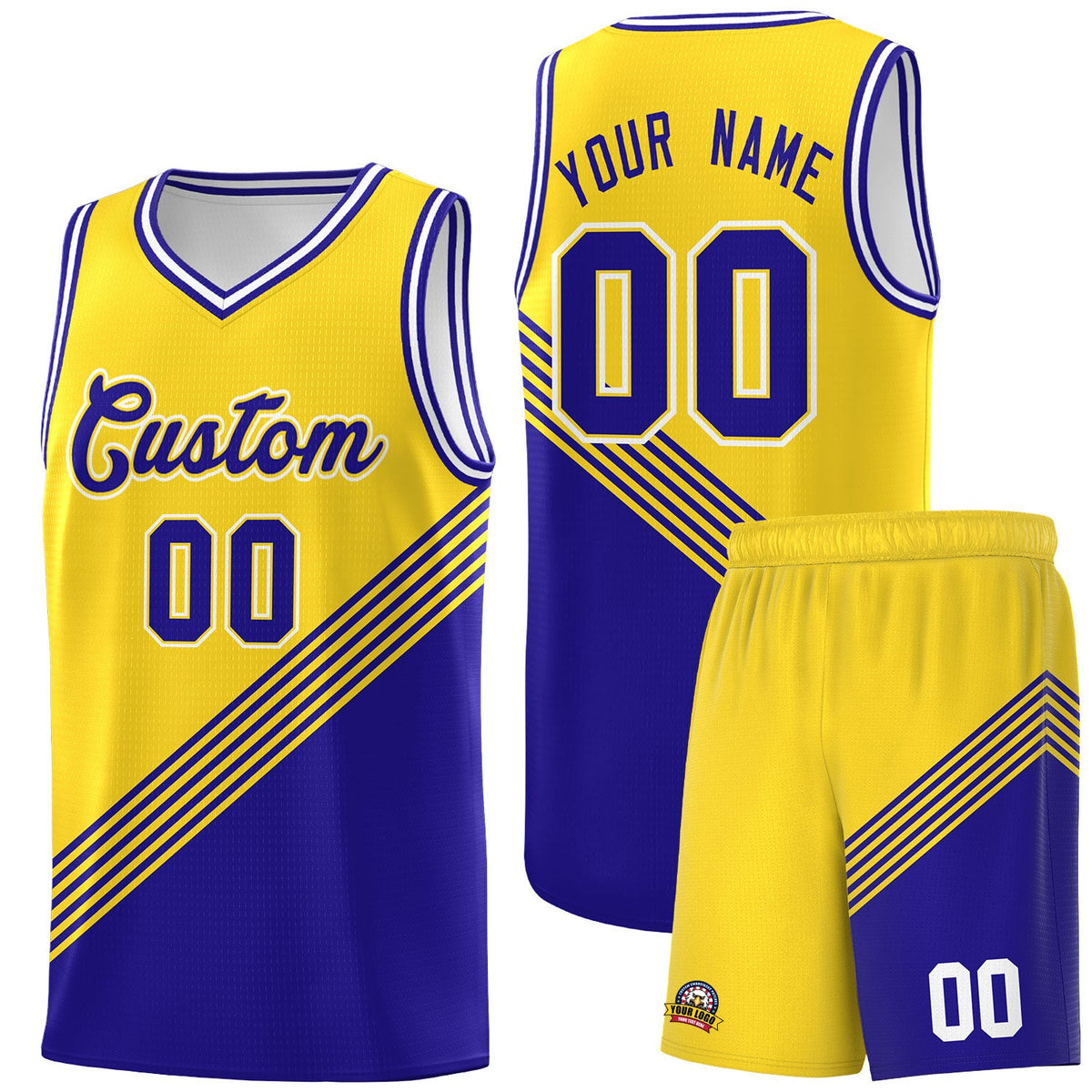 Custom Gold Royal Blue White Diagonal Stripes Color Block Sets Basketball Jersey | For Men,For Youth,Sublimation Printed,Perfect for Training,Perfect for Teams | KXKSHOP