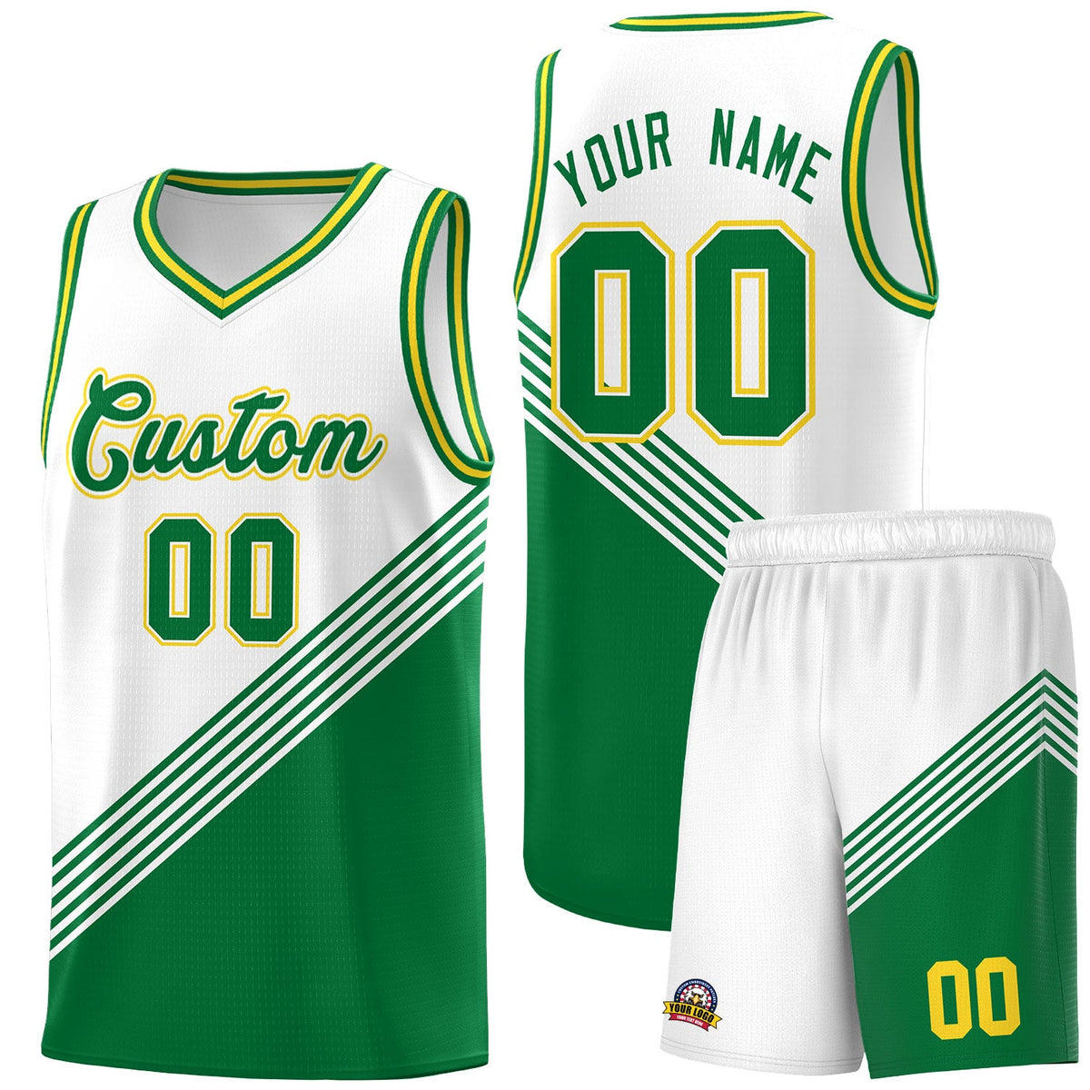 Custom White Kelly Green Gold Diagonal Stripes Color Block Sets Basketball Jersey | For Men,For Youth,Sublimation Printed,Perfect for Training,Perfect for Teams | KXKSHOP