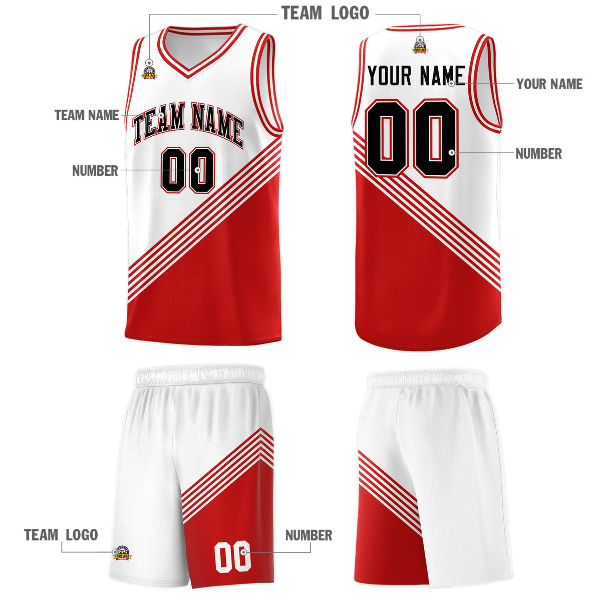 Custom White Red Diagonal Stripes Color Block Sets Basketball Jersey | For Men,For Youth,Sublimation Printed,Perfect for Training,Perfect for Teams | KXKSHOP