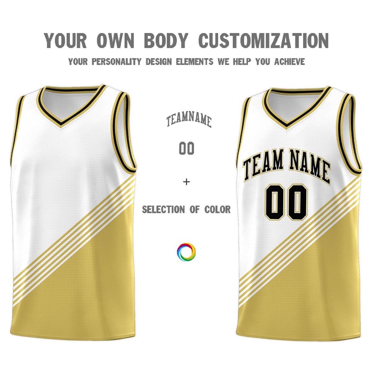 Custom White Old Gold Black Diagonal Stripes Color Block Sets Basketball Jersey | For Men,For Youth,Sublimation Printed,Perfect for Training,Perfect for Teams | KXKSHOP