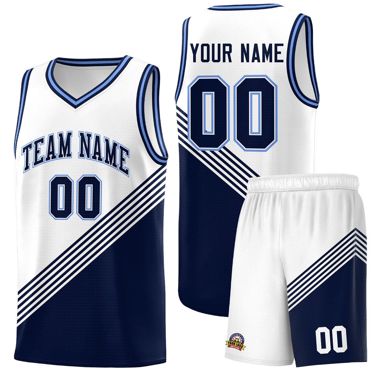 Custom White Navy Light Blue Diagonal Stripes Color Block Sets Basketball Jersey | For Men,For Youth,Sublimation Printed,Perfect for Training,Perfect for Teams | KXKSHOP