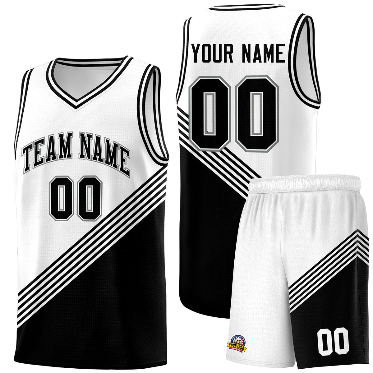 Custom White Black Diagonal Stripes Color Block Sets Basketball Jersey | For Men,For Youth,Sublimation Printed,Perfect for Training,Perfect for Teams | KXKSHOP
