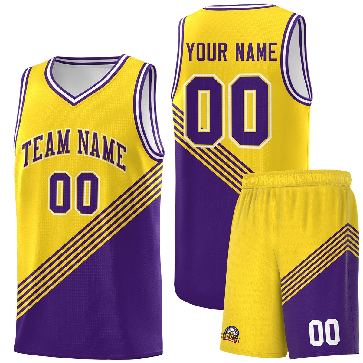 Custom Gold Purple White Diagonal Stripes Color Block Sets Basketball Jersey | For Men,For Youth,Sublimation Printed,Perfect for Training,Perfect for Teams | KXKSHOP