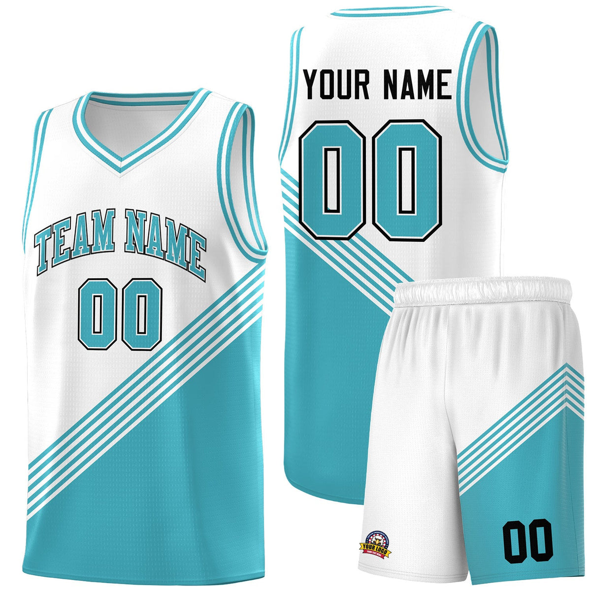Custom White Sky Blue Diagonal Stripes Color Block Sets Basketball Jersey | For Men,For Youth,Sublimation Printed,Perfect for Training,Perfect for Teams | KXKSHOP