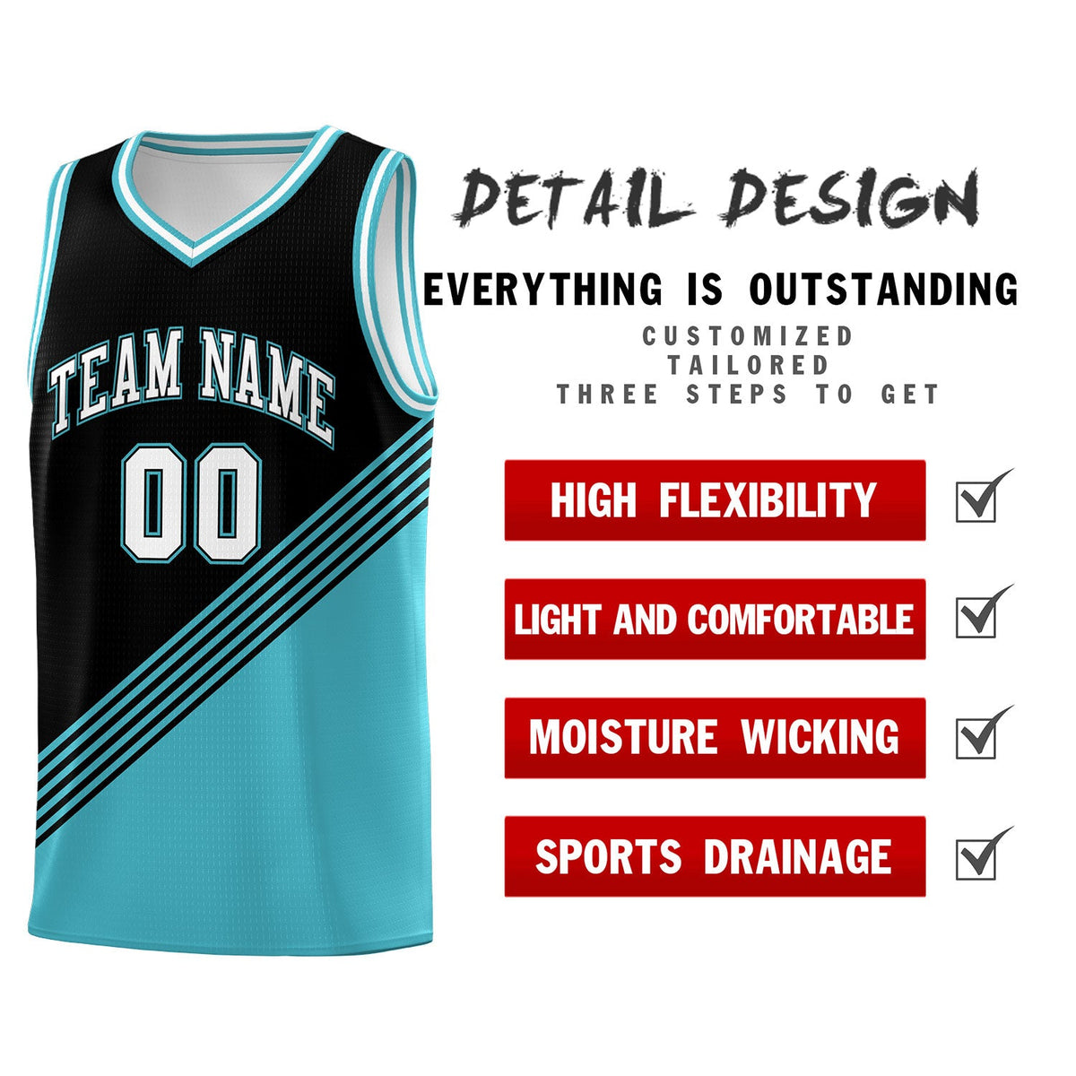 Custom Black Sky Blue White Diagonal Stripes Color Block Sets Basketball Jersey | For Men,For Youth,Sublimation Printed,Perfect for Training,Perfect for Teams | KXKSHOP