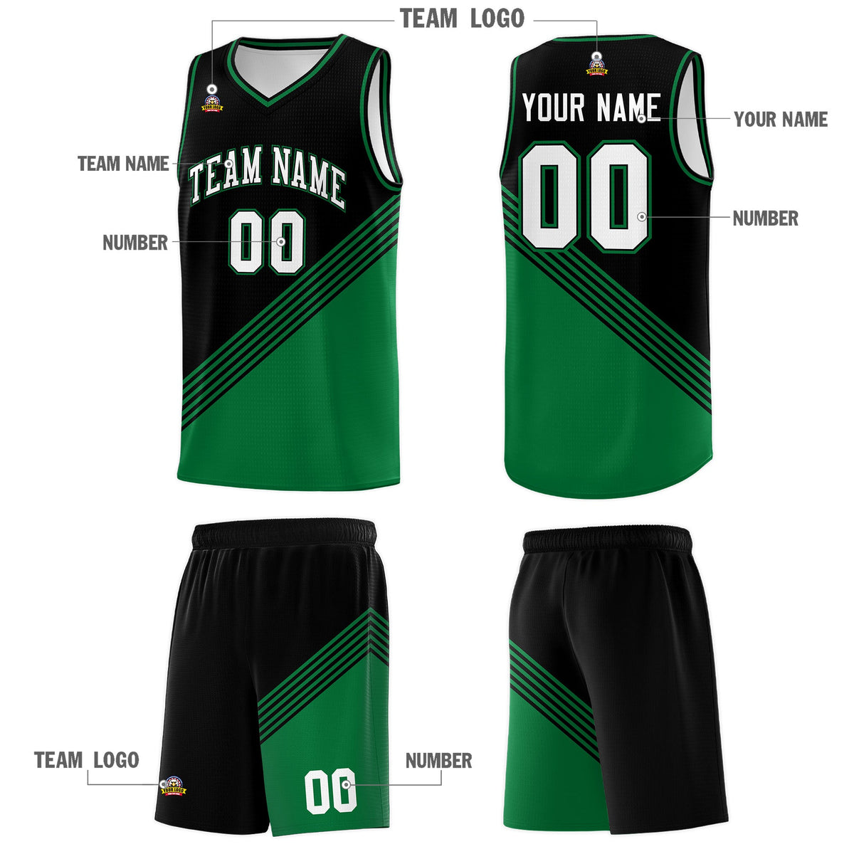 Custom Black Kelly Green Diagonal Stripes Color Block Sets Basketball Jersey | For Men,For Youth,Sublimation Printed,Perfect for Training,Perfect for Teams | KXKSHOP