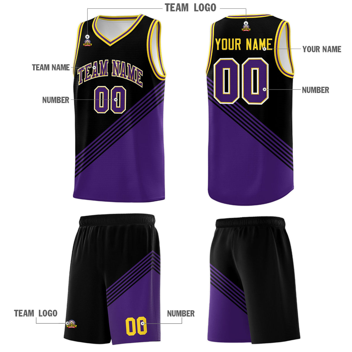 Custom Black Purple Gold Diagonal Stripes Color Block Sets Basketball Jersey | For Men,For Youth,Sublimation Printed,Perfect for Training,Perfect for Teams | KXKSHOP