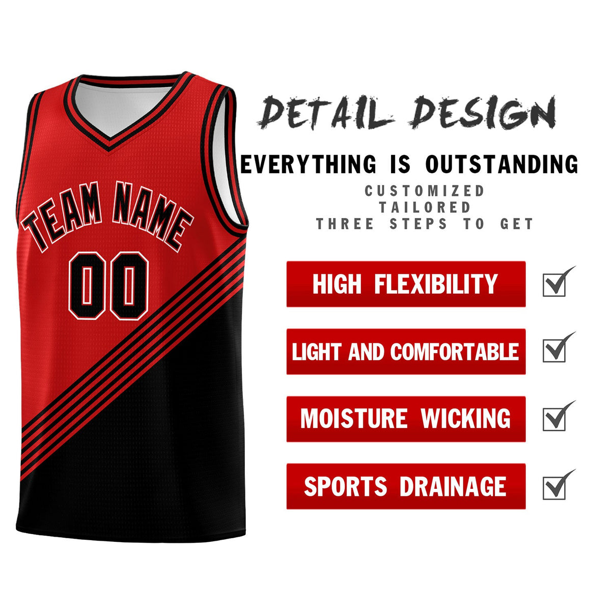 Custom Red Black Diagonal Stripes Color Block Sets Basketball Jersey | For Men,For Youth,Sublimation Printed,Perfect for Training,Perfect for Teams | KXKSHOP