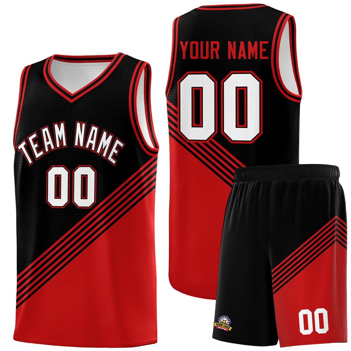 Custom Black Red Diagonal Stripes Color Block Sets Basketball Jersey | For Men,For Youth,Sublimation Printed,Perfect for Training,Perfect for Teams | KXKSHOP