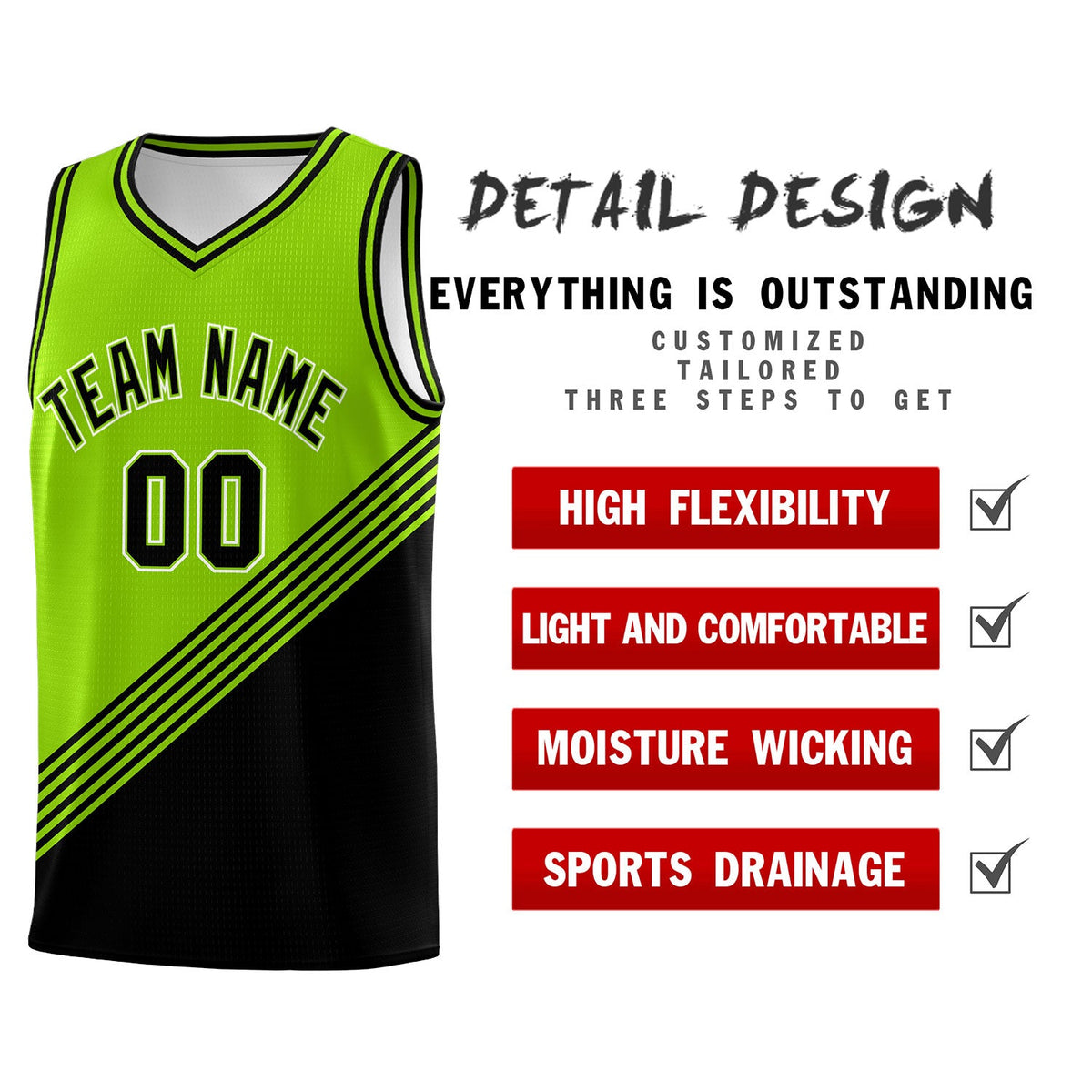 Custom Neon Green Black Diagonal Stripes Color Block Sets Basketball Jersey | For Men,For Youth,Sublimation Printed,Perfect for Training,Perfect for Teams | KXKSHOP