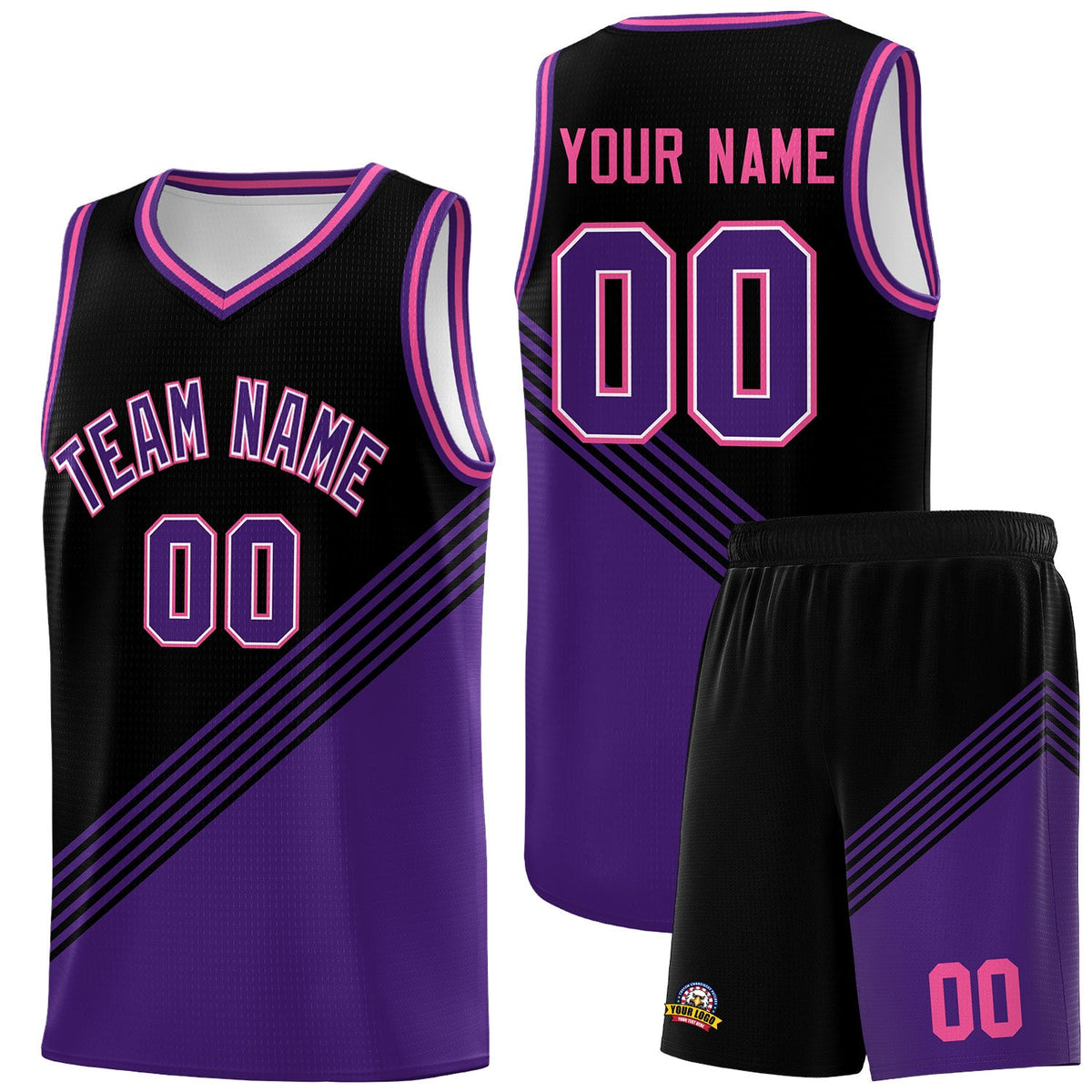 Custom Black Purple Pink Diagonal Stripes Color Block Sets Basketball Jersey | For Men,For Youth,Sublimation Printed,Perfect for Training,Perfect for Teams | KXKSHOP