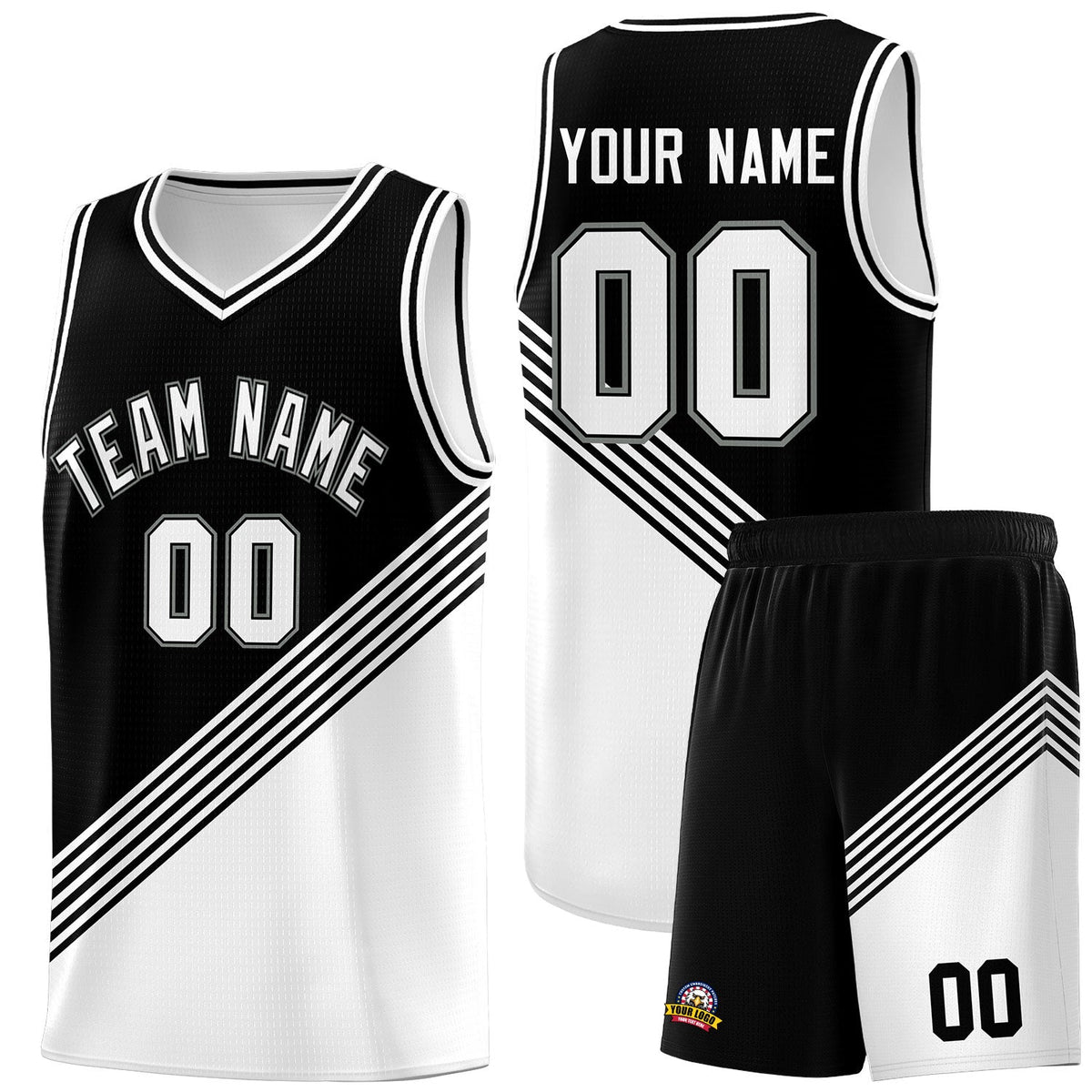 Custom Black White Diagonal Stripes Color Block Sets Basketball Jersey | For Men,For Youth,Sublimation Printed,Perfect for Training,Perfect for Teams | KXKSHOP