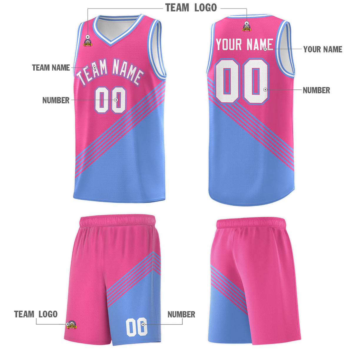 Custom Pink Light Blue White Diagonal Stripes Color Block Sets Basketball Jersey | For Men,For Youth,Sublimation Printed,Perfect for Training,Perfect for Teams | KXKSHOP
