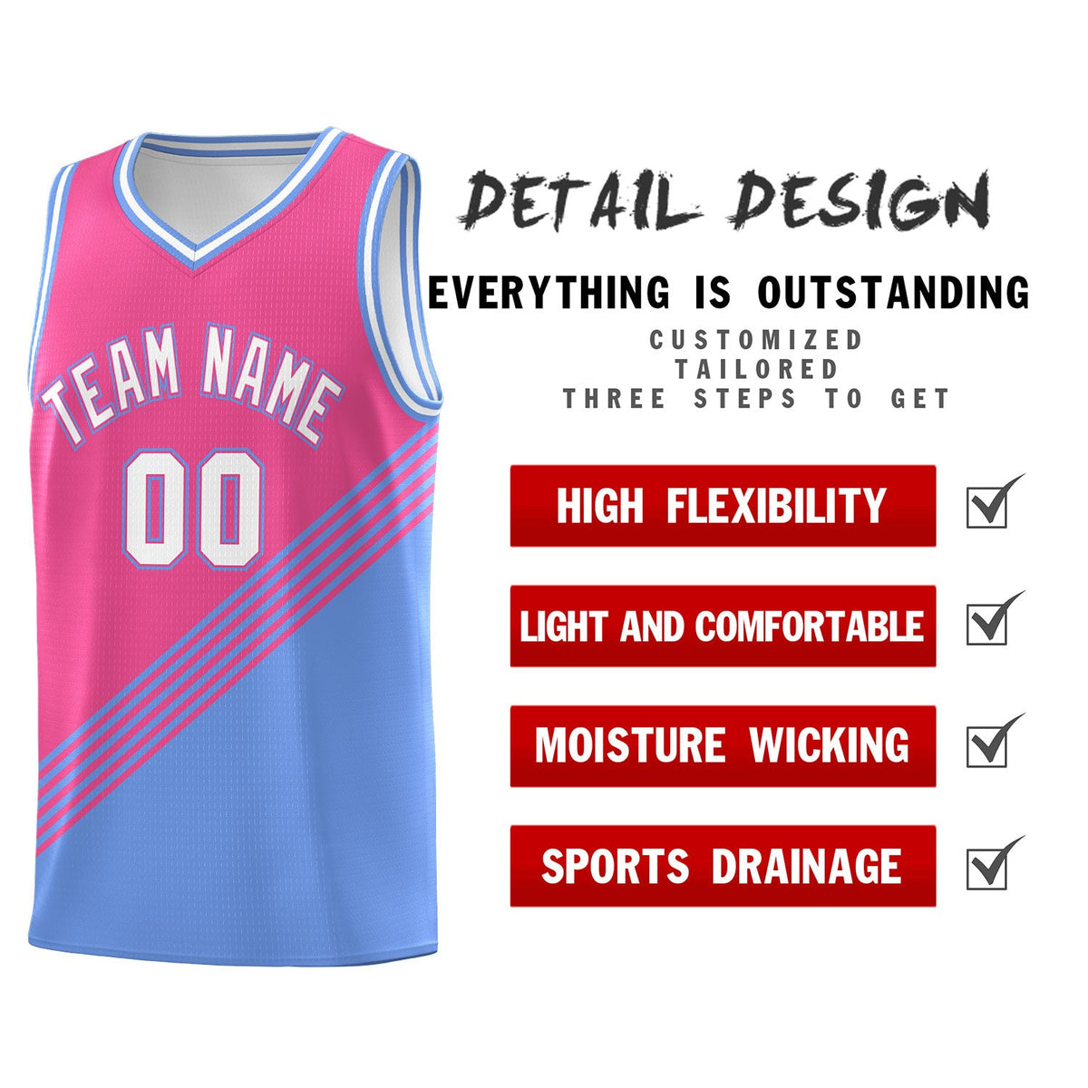 Custom Pink Light Blue White Diagonal Stripes Color Block Sets Basketball Jersey | For Men,For Youth,Sublimation Printed,Perfect for Training,Perfect for Teams | KXKSHOP
