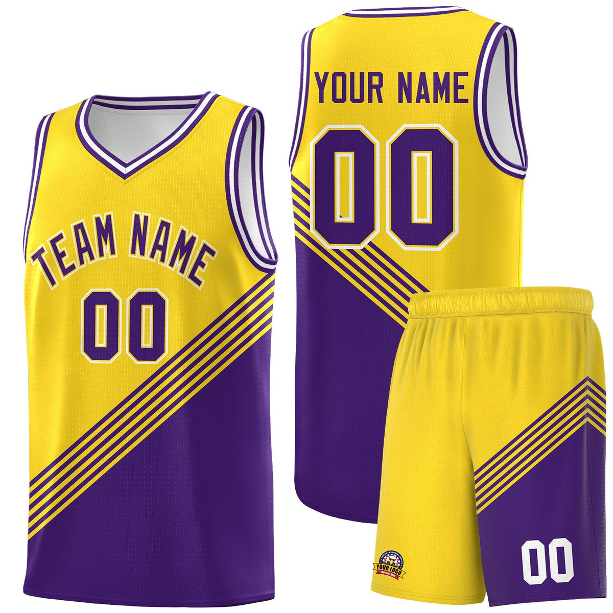 Custom Gold Purple White Diagonal Stripes Color Block Sets Basketball Jersey | For Men,For Youth,Sublimation Printed,Perfect for Training,Perfect for Teams | KXKSHOP