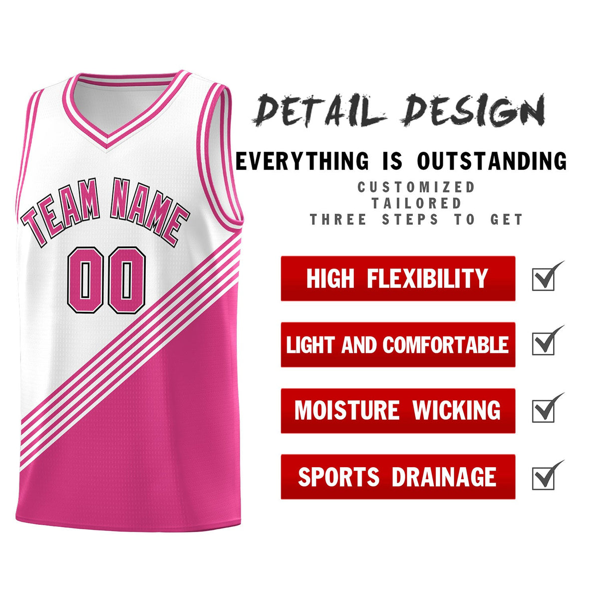 Custom White Pink Diagonal Stripes Color Block Sets Basketball Jersey | For Men,For Youth,Sublimation Printed,Perfect for Training,Perfect for Teams | KXKSHOP