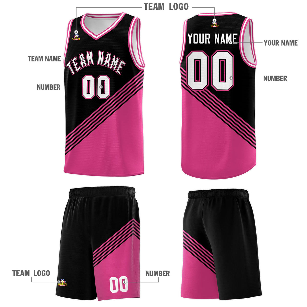 Custom Black Pink White Diagonal Stripes Color Block Sets Basketball Jersey | For Men,For Youth,Sublimation Printed,Perfect for Training,Perfect for Teams | KXKSHOP